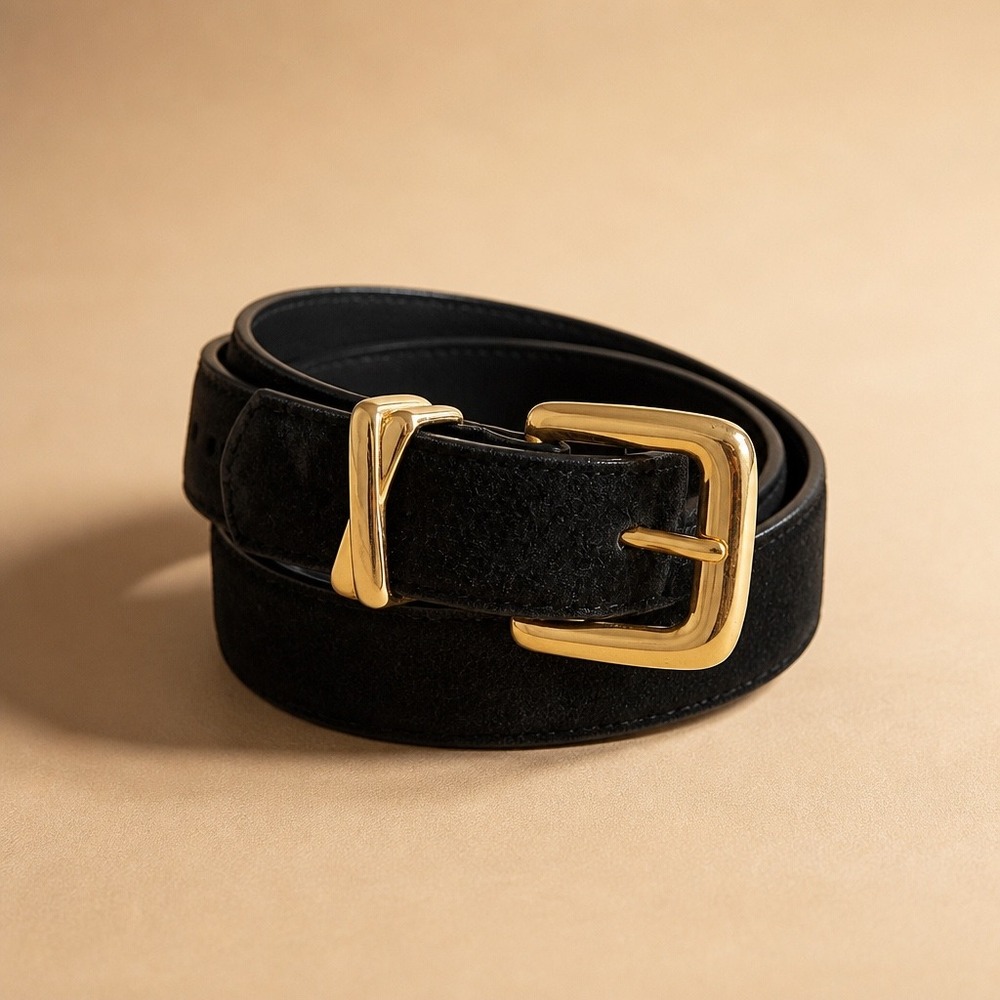Vintage Ashley Moore Black Suede Genuine Leather Belt Gold X Buckle Large